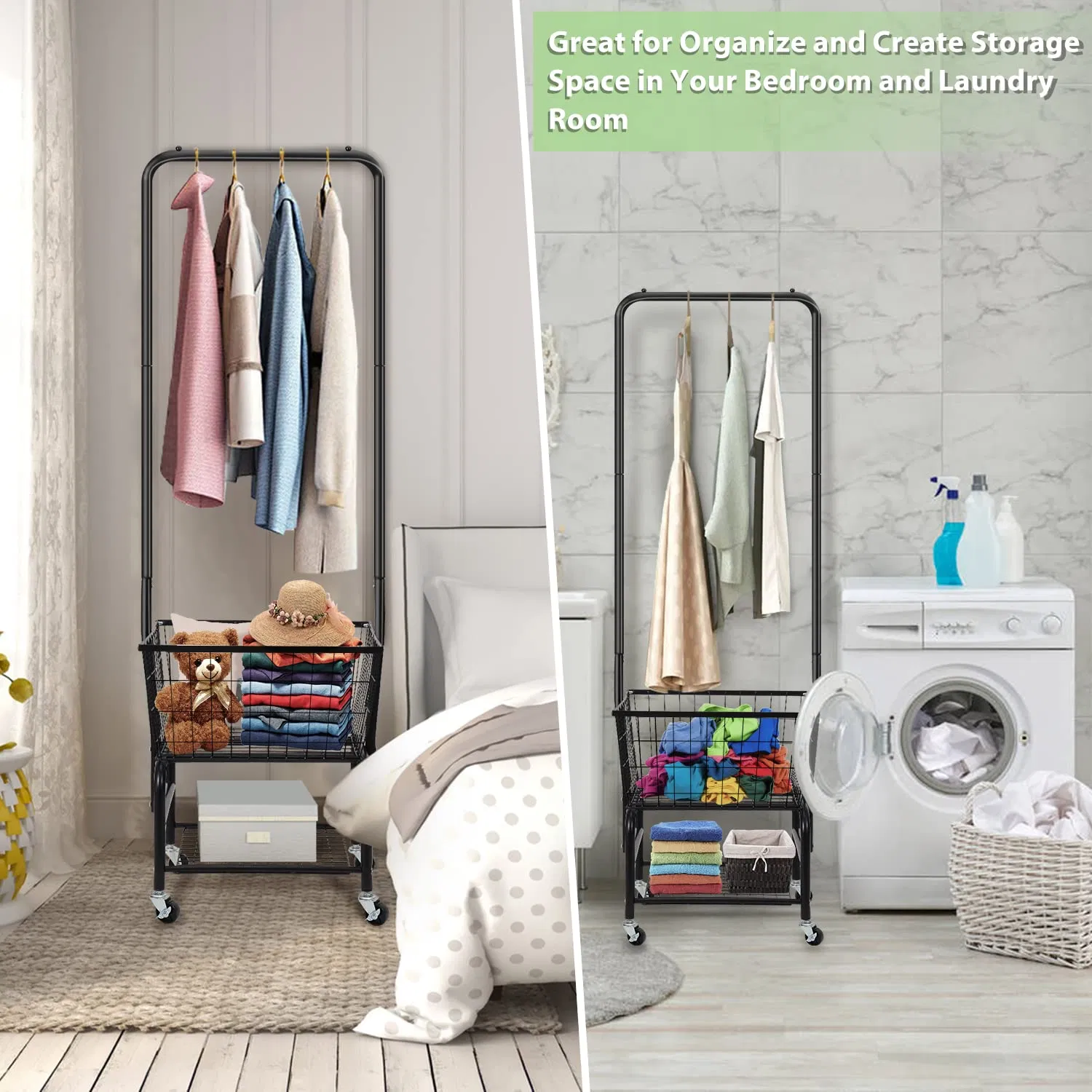 Laundry Cart with Wheels and Hanging Rack, Rolling Laundry Basket with Clothes Rack