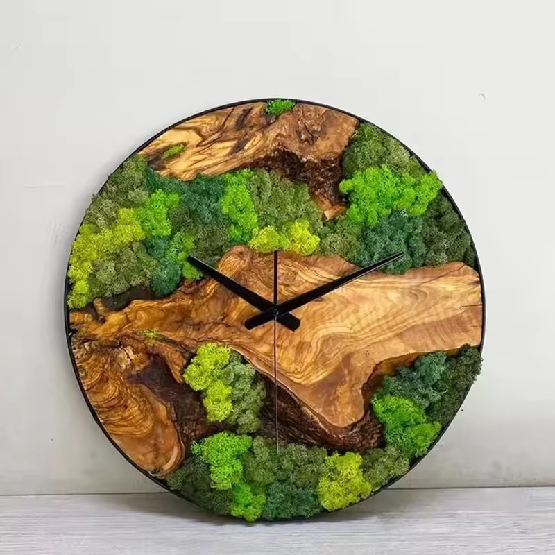 Artistic Wall Clocks Wooden Wall Clock Unique Artistic Moss Wall Clock with Irregular Olive Wood, Moss and Wood Art Design