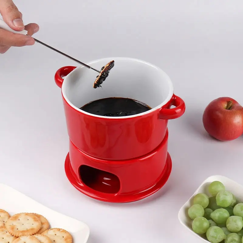 Chinese Supplier Red Ceramic Chocolate Cheese Fondue Sets Pot