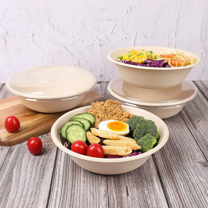 Disposable Biodegradable Compostable Sugarcane Bagasse Pulp Salad Soup Bowl with Lid