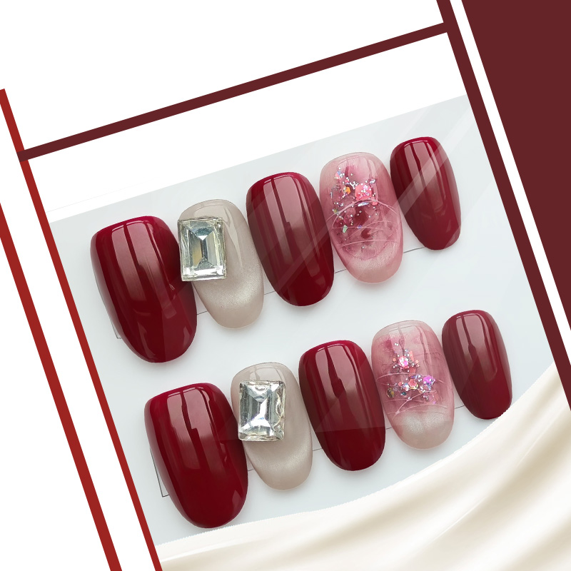 Luxurious Burgundy Press-on Nails with Glitter & Rhinestones