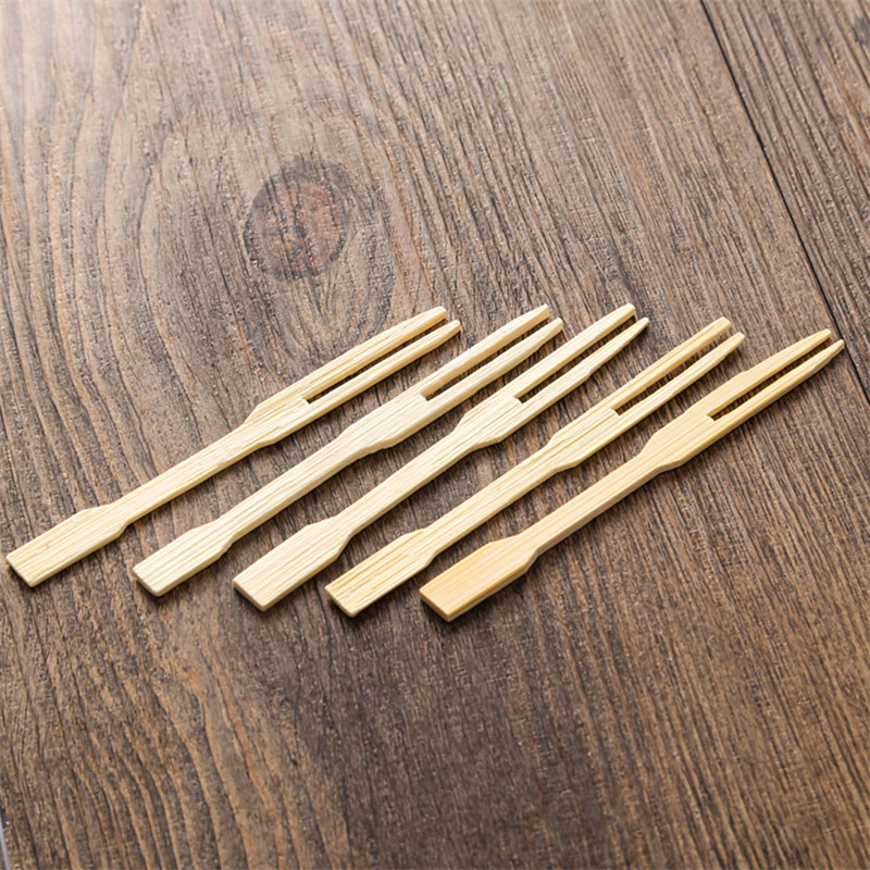 Party Supplier Bamboo Disposable Dessert Fruit Cake Forks Two-Tine Wooden Chip Fork