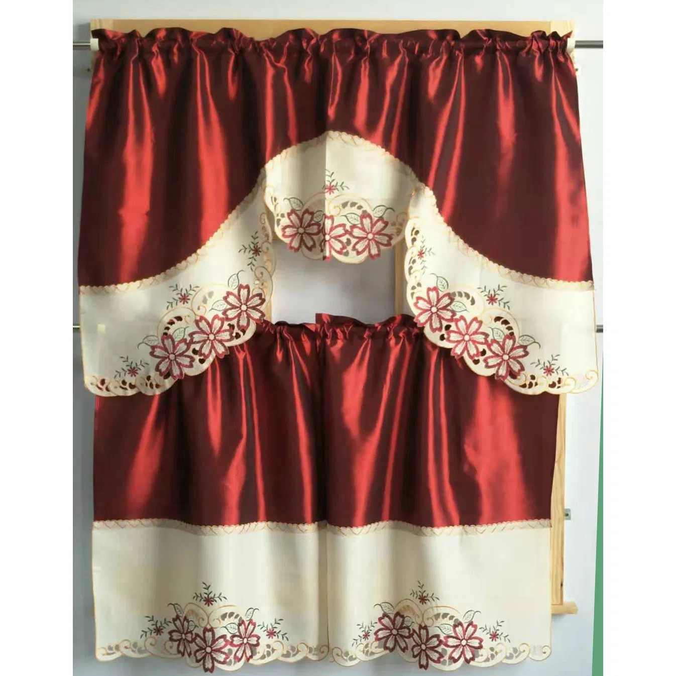 Red-Green Flower Patchwork Embroidered Kitchen Curtain