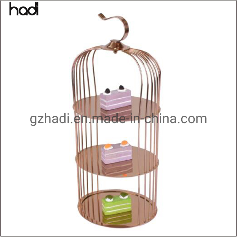 Party Decorative Wedding Buffet Tableware Pink Rose Gold Color Bird Cage Display Buffet Fancy 3 Tier Stainless Steel Bird Cage Afternoon Tea with Stand