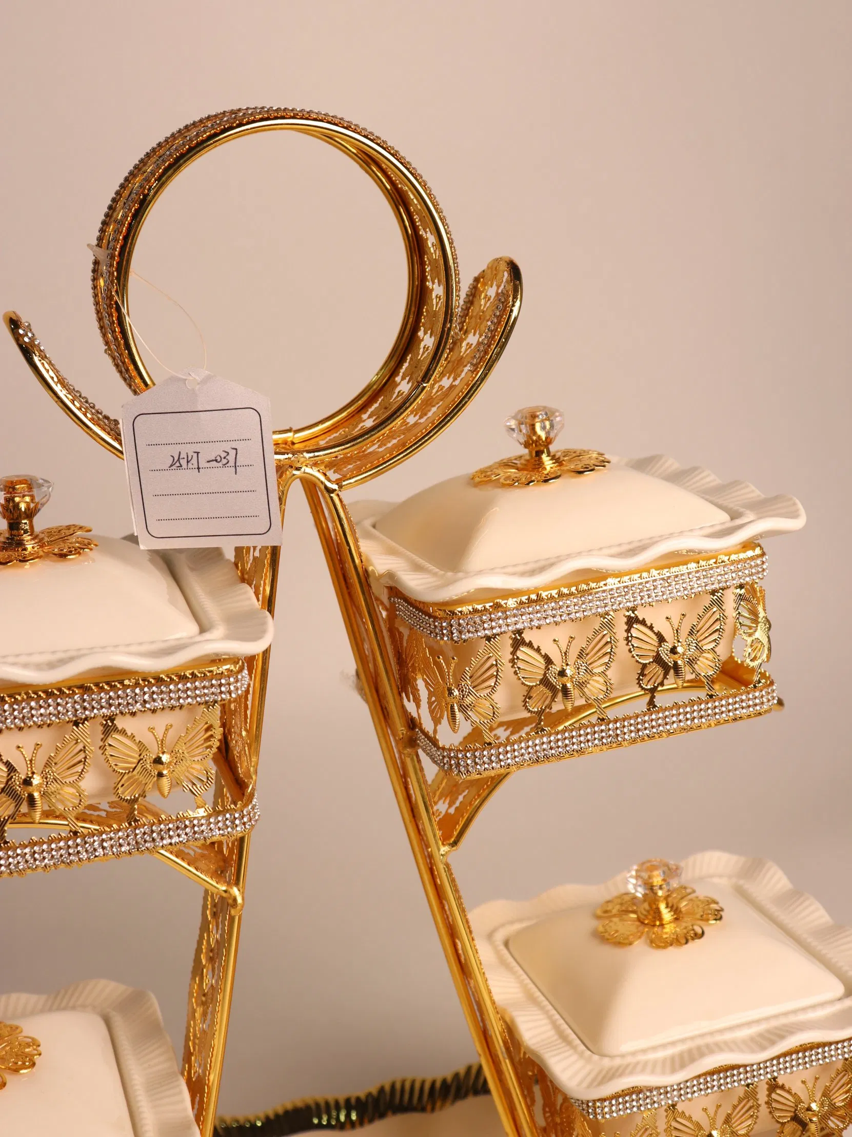 Home Ornament Gold-Plated Iron Frame with Large Size Ellipse Four-Panel Ceramic Bowl