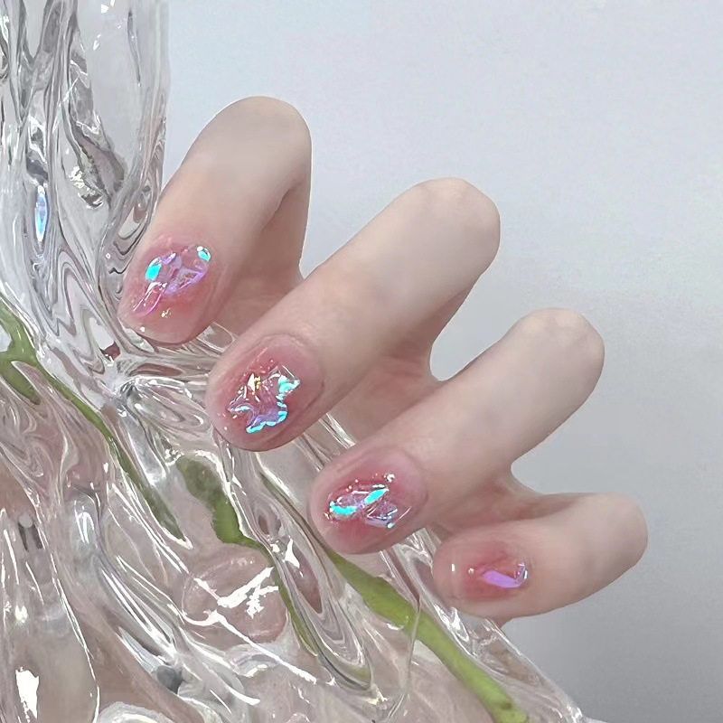 Aurora Drill Blush Glitter Powder Nail White Fake Nails Short Detachable Wearable Manicure