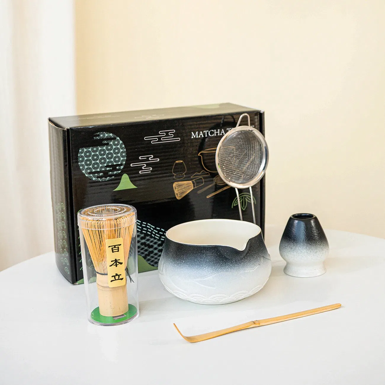 5PCS Perfect Matcha Kit Set Including Matcha Bowl Matcha Bamboo Whisk Chasen Holder Sifter Bamboo Scoop