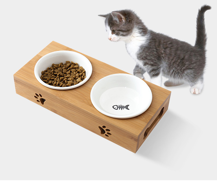 Bamboo Water Bowls Stand Feeder with 2 Stainless Steel Bowls and Anti Slip Pet Bowls for Cats and Dogs
