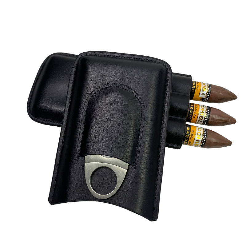 Shunstone Wholesale 3 Finger PU Leather Portable Travel Cigar Tube with Stainless Steel Cigar Cutter