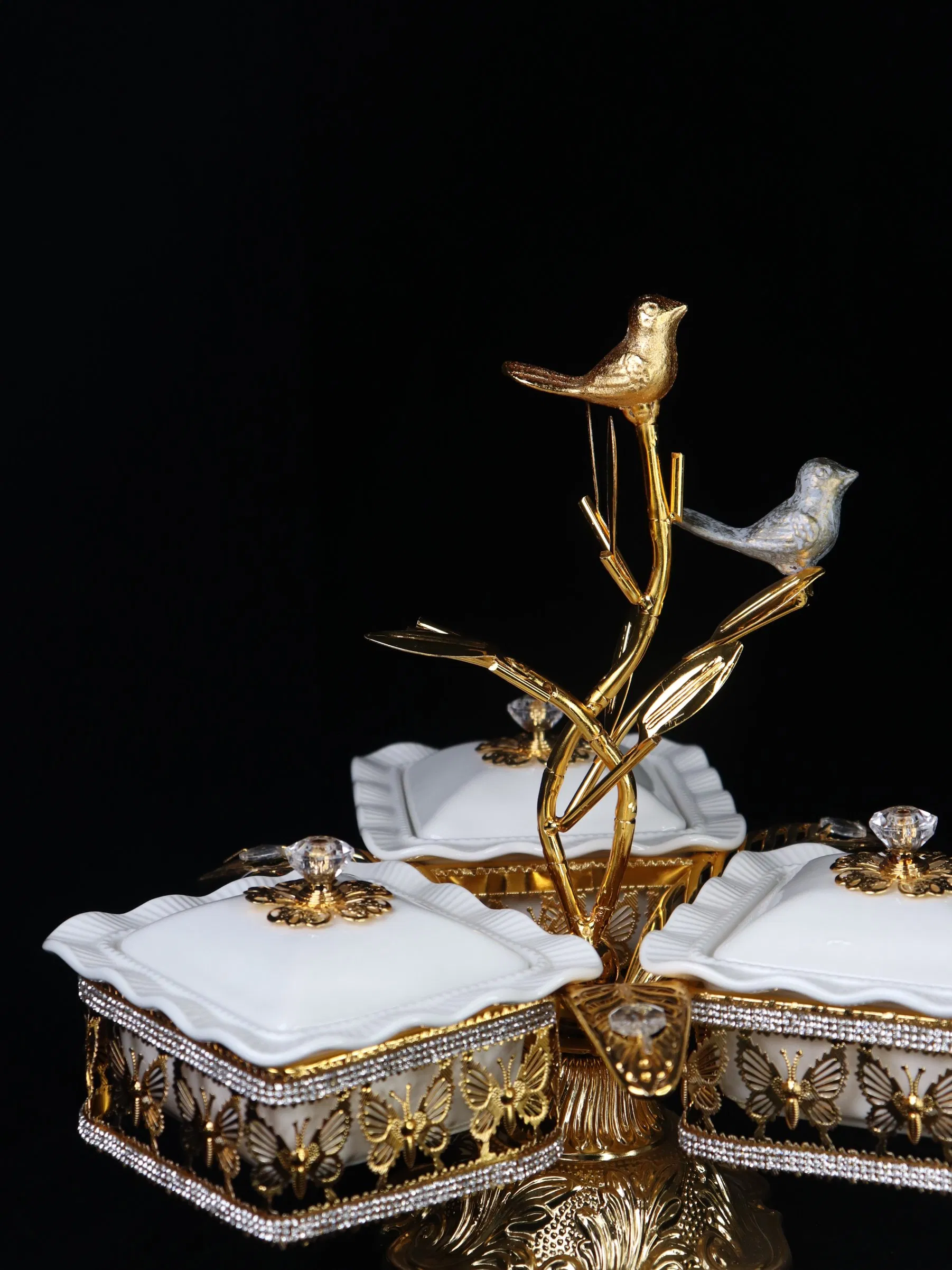 Home Ornament Gold-Plated Iron Frame with 3 Square Ceramic Bowl