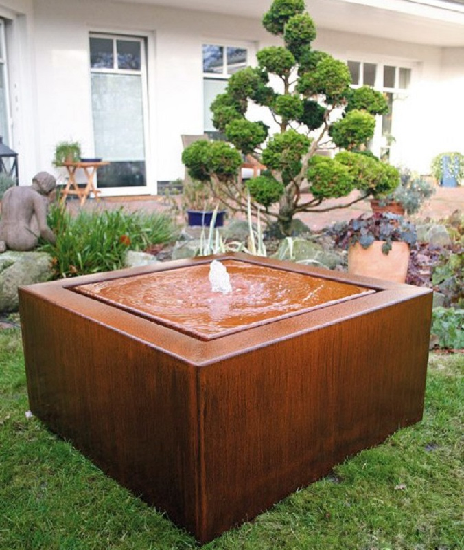 Outdoor Water Fountain Corten Steel Square Water Table with LED Lights