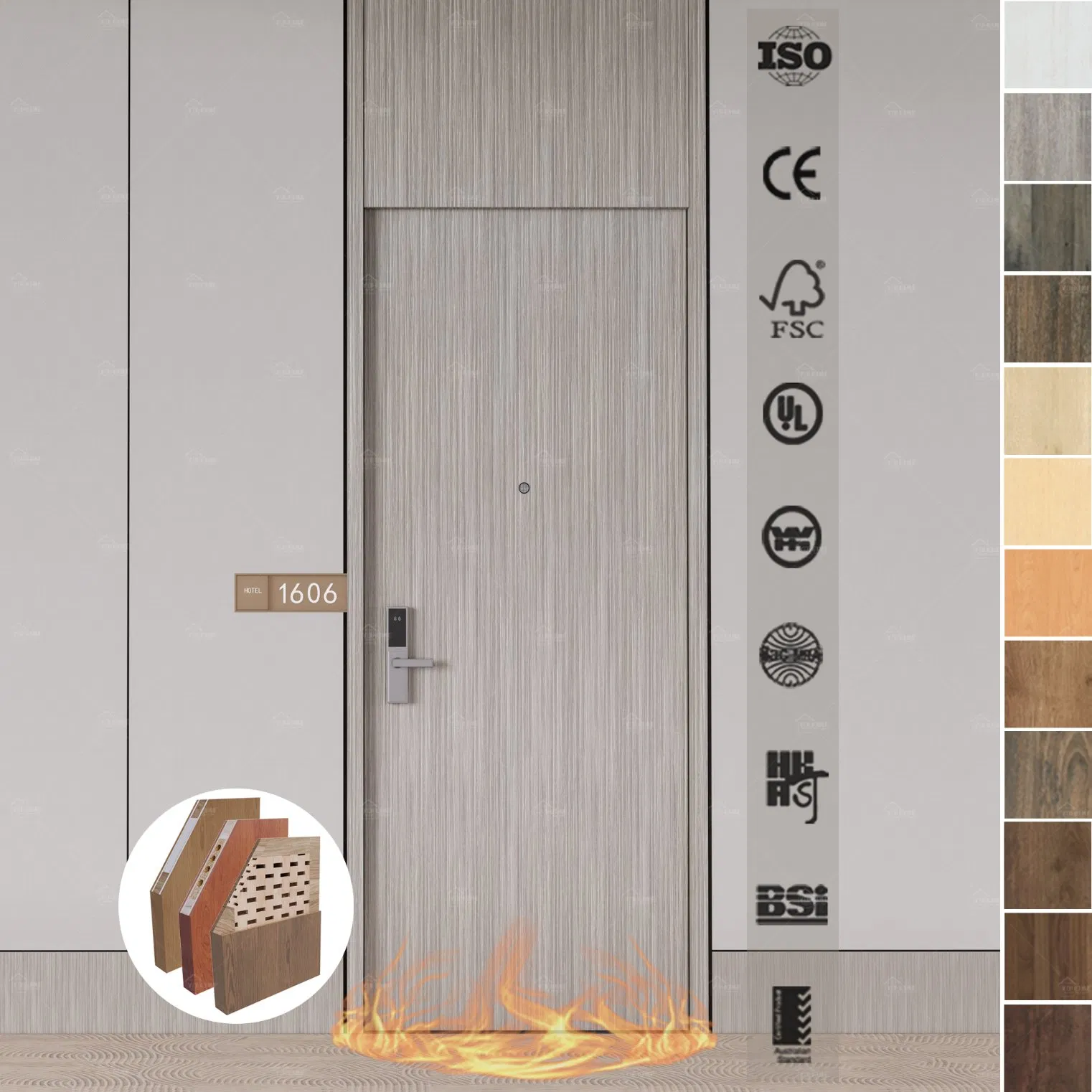 Australian Standard As1905 Fire Door Fd30 Fire Doors Australia Laminated HDF Fire Resistant Hotel Room Door with Card Lock