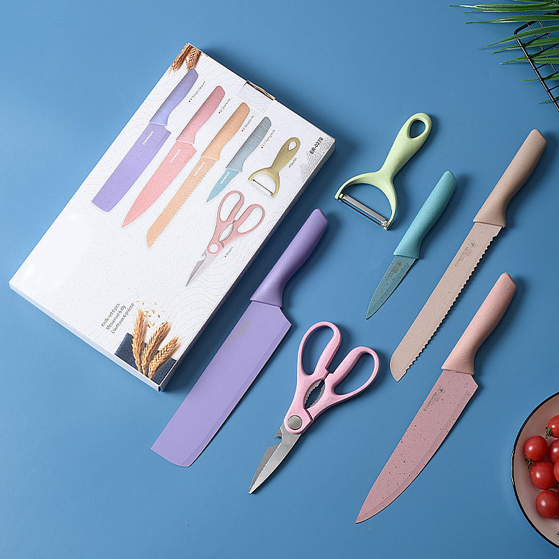 Wholesale Wheat Straw Set Colorful Six Piece Gift Stainless Steel Kitchen Knives