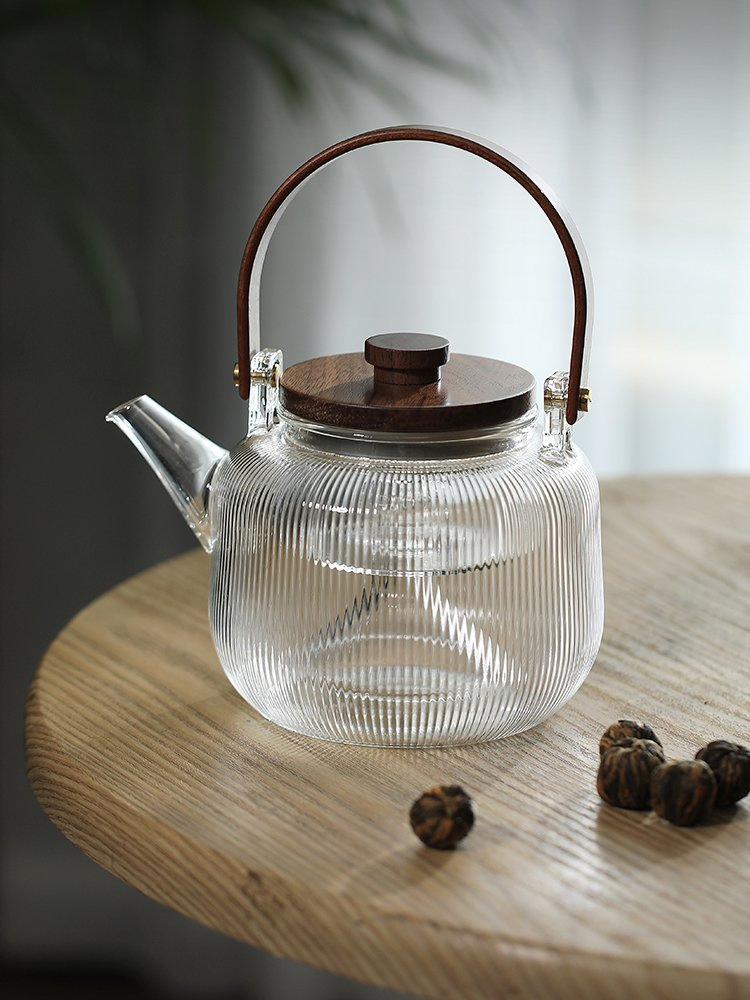 Transparent High Borosilicate Teapot Heat Resistant Glass Tea Pot with Glass Infuser and Bamboo Handle