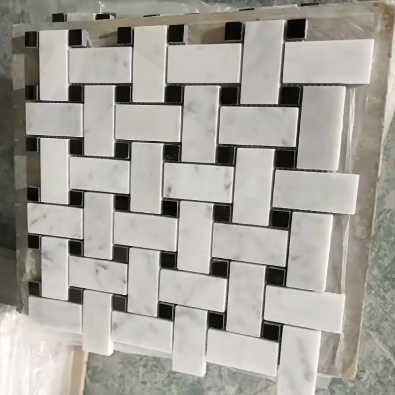 Carrara White Basketweave Tile with Nero Marquina Dots Mosaic Tile for Floor and Wall