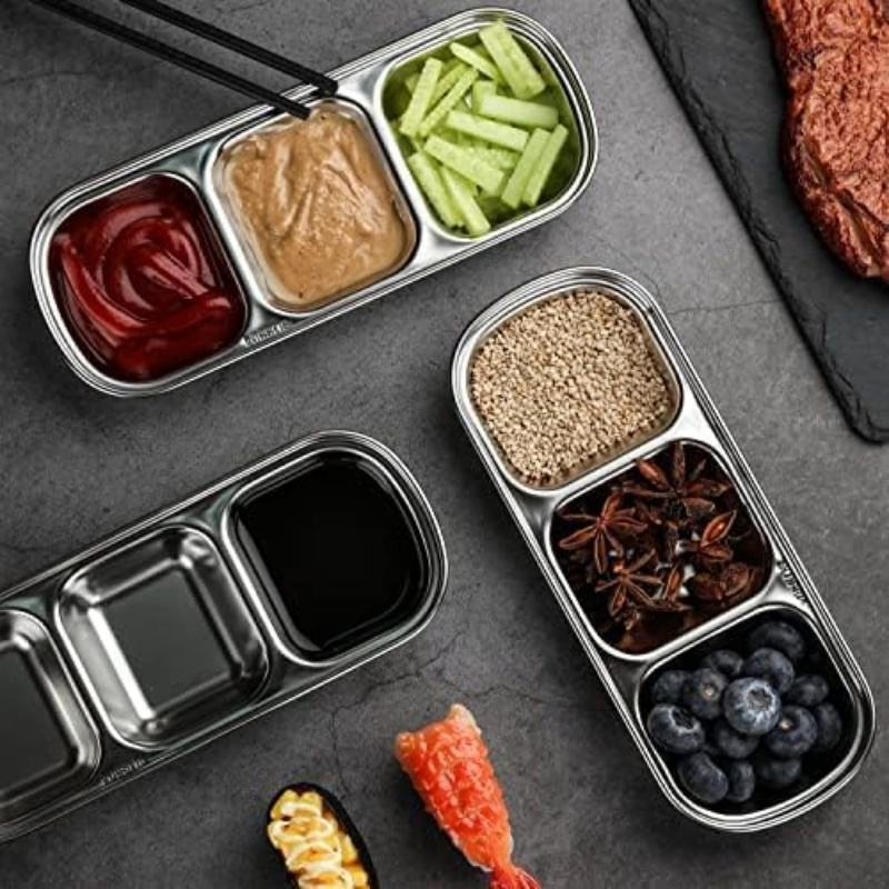3 Grids Divided Sauce Side Dishes Stainless Steel Soy Sauce Dish Dipping Bowls for Soy Sauce Ketchup Seasoning Sushi