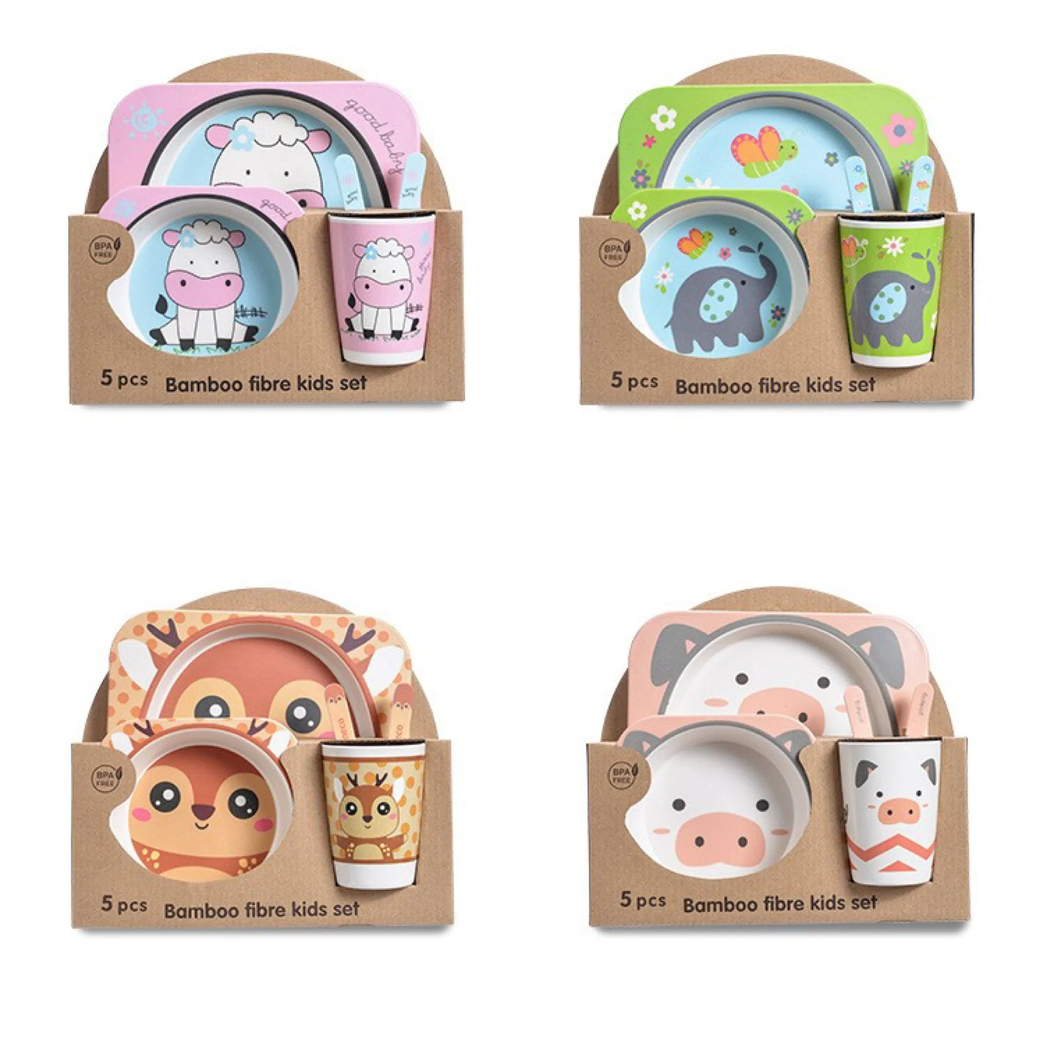 New Arrival Bamboo Fiber Tableware Kids Dining Table Plates Sets 5-Pieces for Baby Bamboo Children Dinnerware Set Cutlery Set