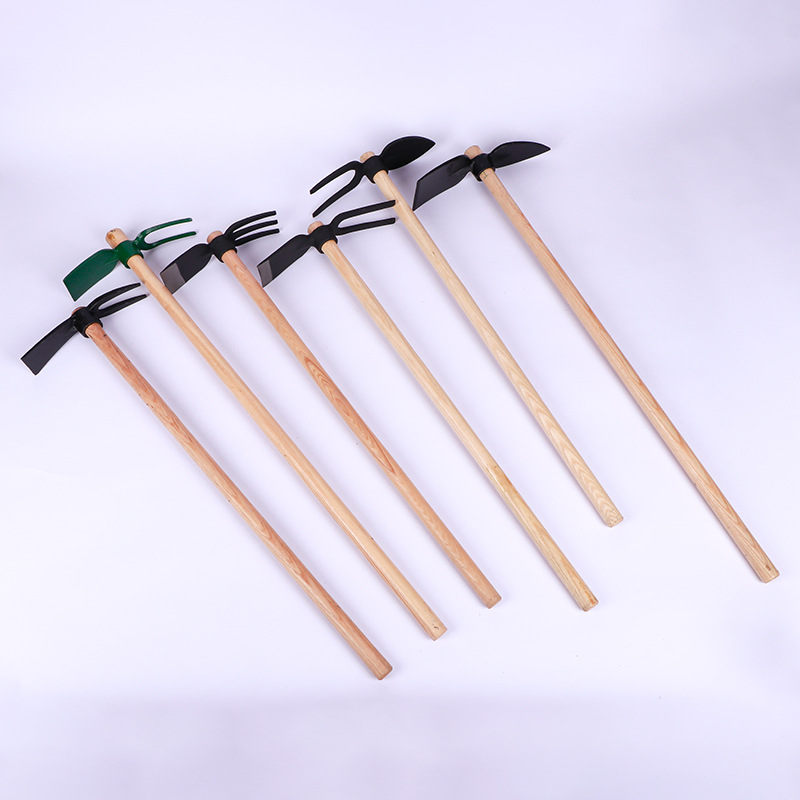 Multi-Specification Outdoor Agricultural Gardening Two-Toothed Fork Weeding Digging Soil Planting Vegetable Planting Flower Wooden Handle Small Digging Hoe