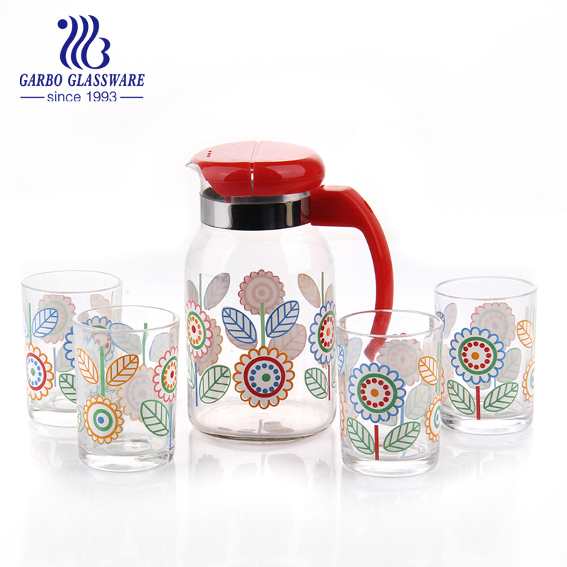 Decal Pitcher with Lid and 2 Tumbler Glasses Glass Drinking Set of 2