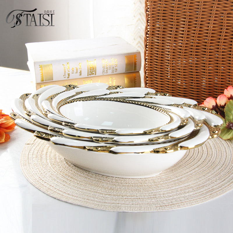 Ry007-Bowlov 9 11 13 Inch Decorative Ceramic Oval Mixing Bowl Gold Rimmed Serving Soup Bowl Porcelain Dinner Set