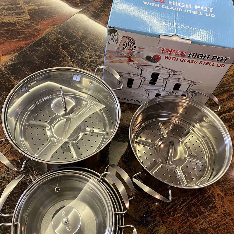 12 Pieces Stainless Steel Pan with Steam Sheet Cookware Set