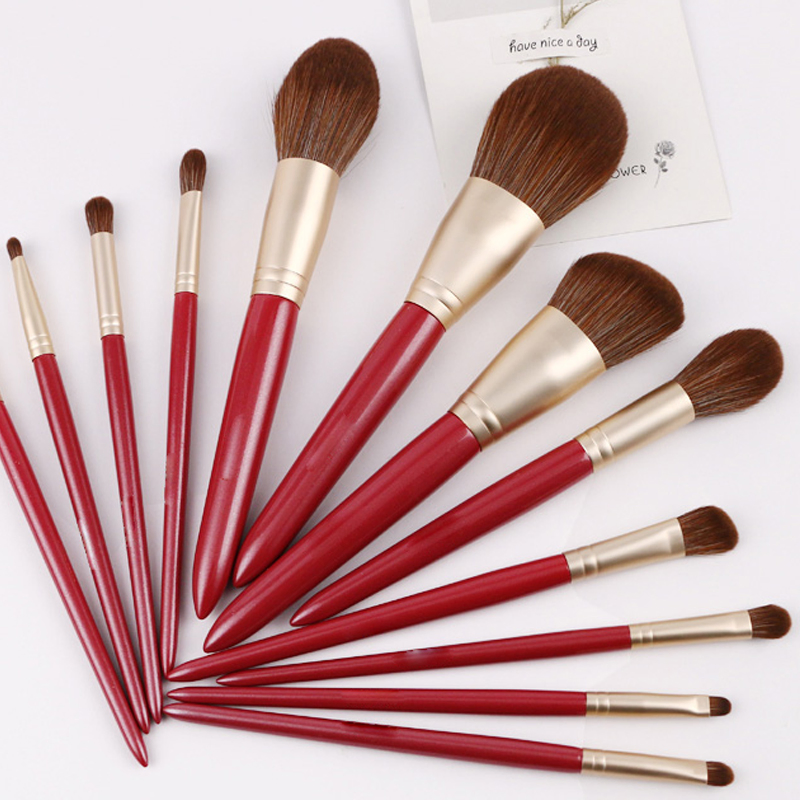 Makeup Brushes Private Label 12 Piece Synthetic Hair Wooden Handle Cosmetic Brushes Set with Bag