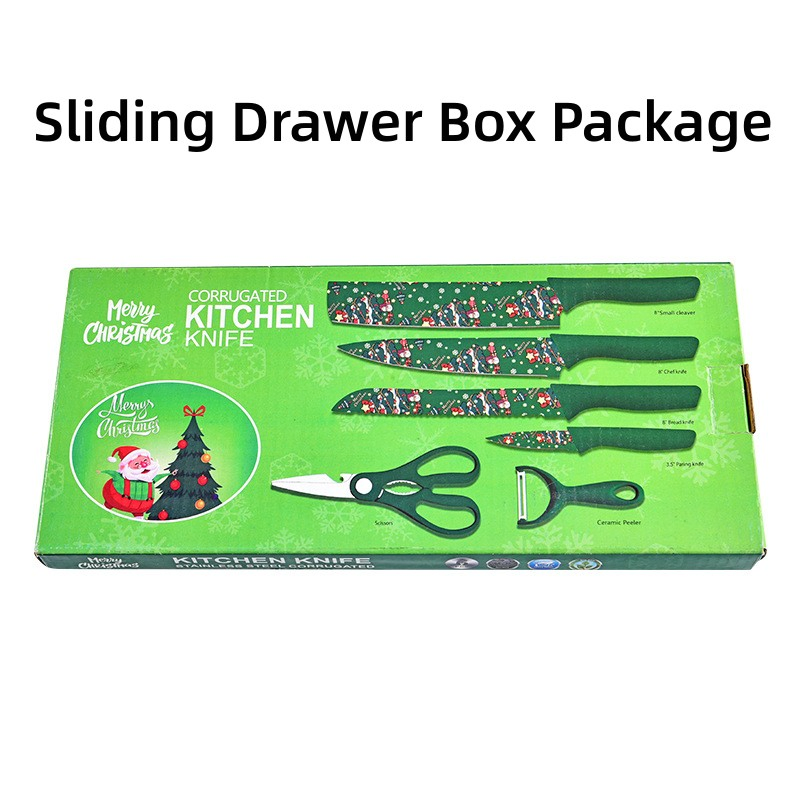 Wheat Straw Kitchen Knives, Food Safe Stainless Steel Knife, 4 Knives, Scissors, Peeler 6PCS Small Set Kitchen Knife Set in Sliding Drawer Box--X-Mas Green