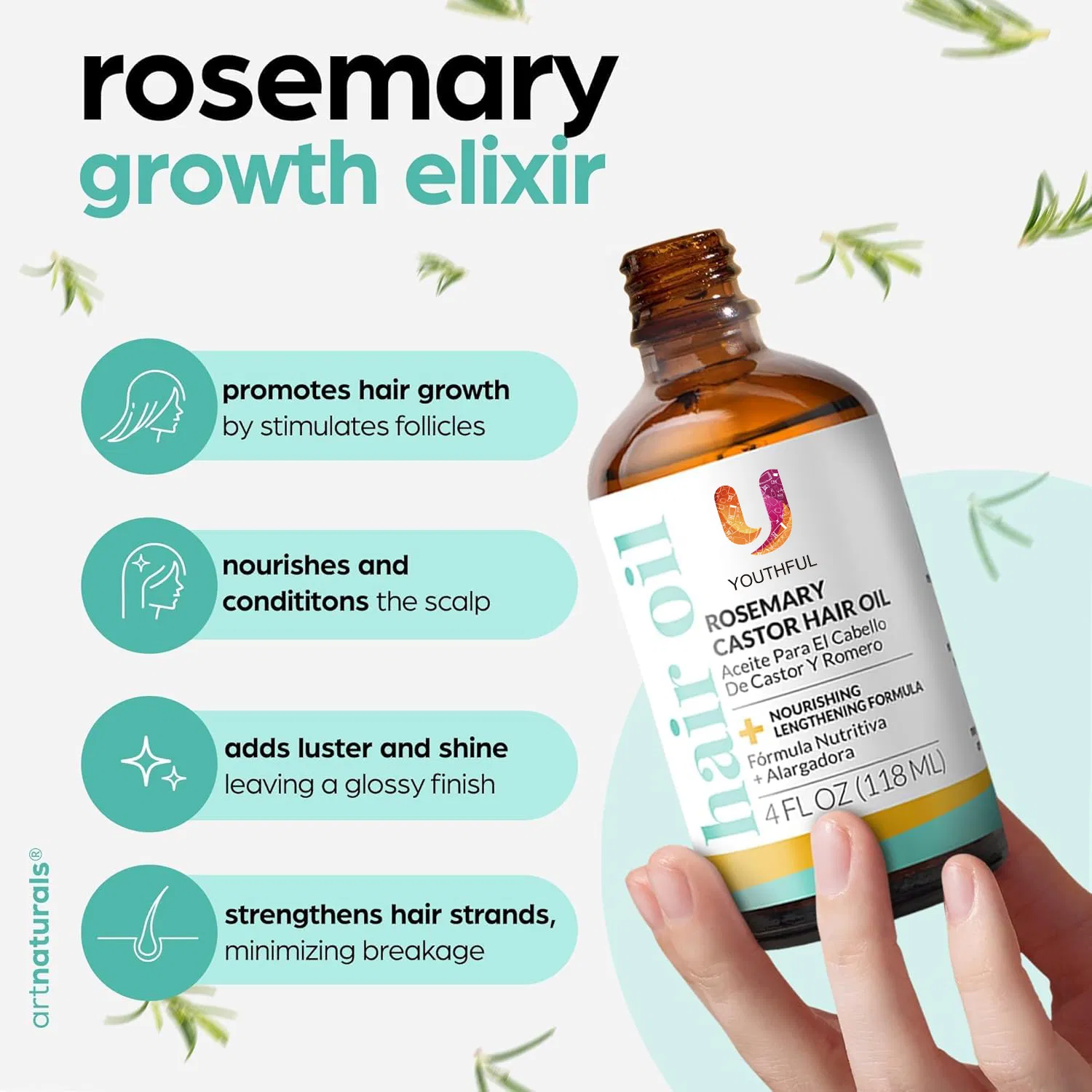 Organic Rosemary & Castor Hair Growth Oil for Dry Itchy Scalp Thickening & Hydration