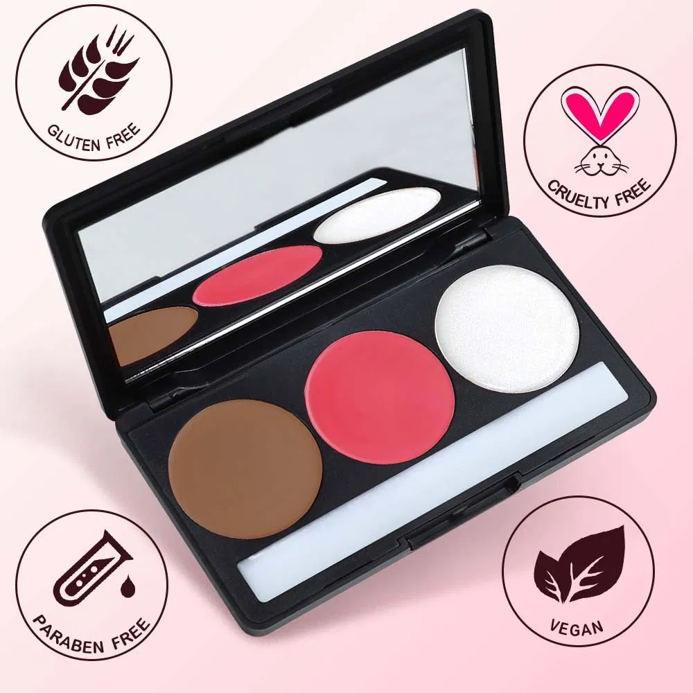 High-Pigment Mineral-Based Private Label Cream Waterproof Long-Lasting Highlighter Contouring Blush 3-in-1 Palette