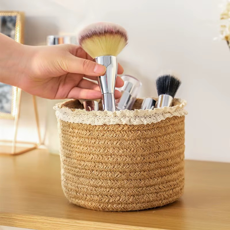 Simple Time Desktop Cosmetic Storage Basket Lace Art Style for Dormitory Home Bedside Storage