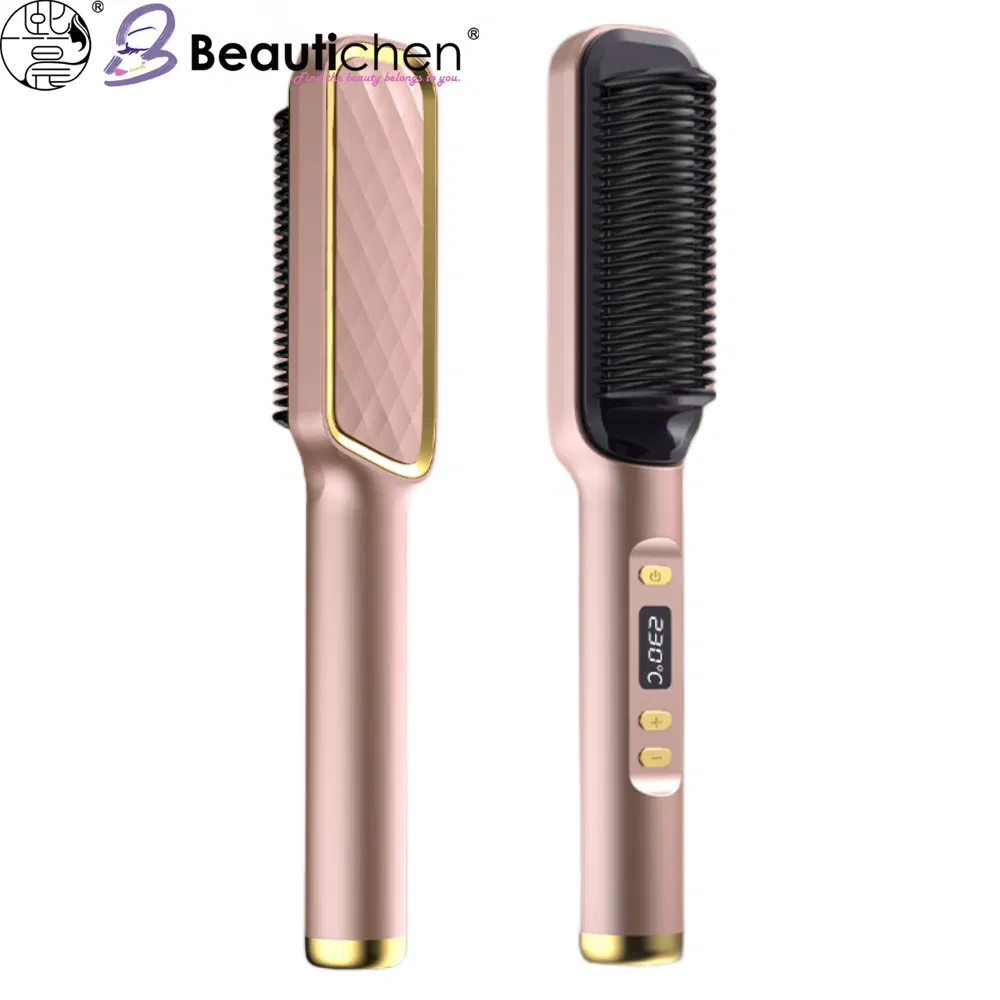 Beautichen Pink & Gold Electric Straightening Brush – Digital Display Hair Straightener with Ionic Technology & Adjustable Temperature up to 300° C
