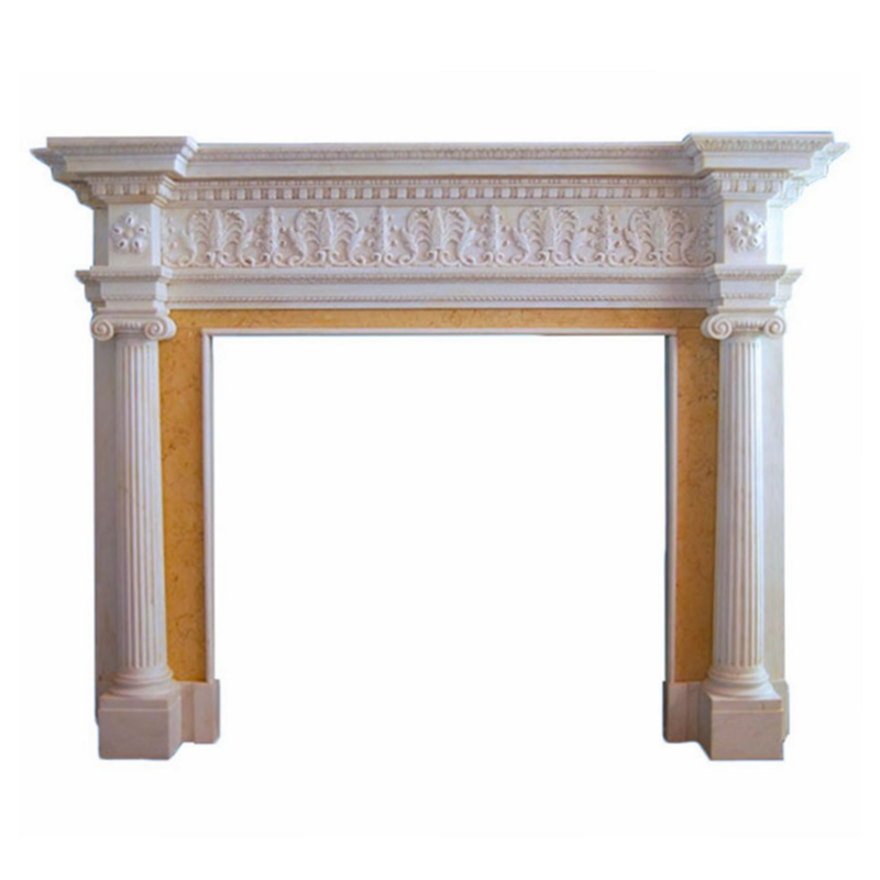 Large Decorative White Marble Fireplace Frame with Relief of Vase and Flowers