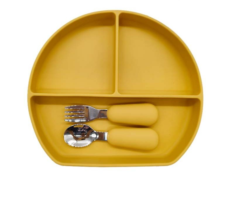 100% Food Grand Divided BPA Free Microwave Safe Baby Silicone Three-Compartment Plate with Stainless Steel Spoon and Fork