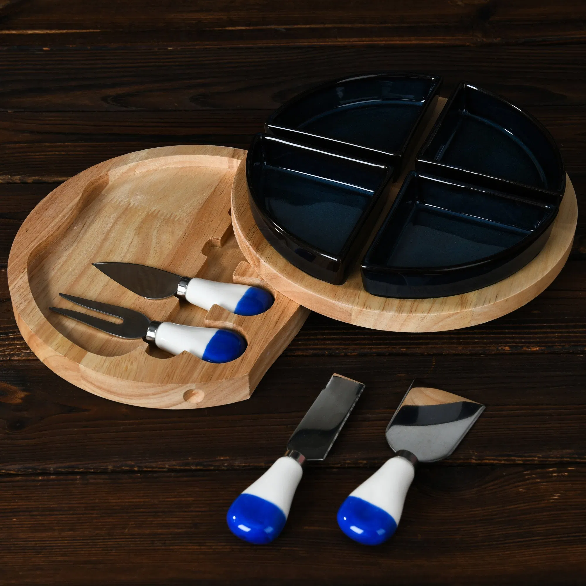 Elegant Ceramic Divided Serving Set Plates with Bamboo Tray Knife and Fork
