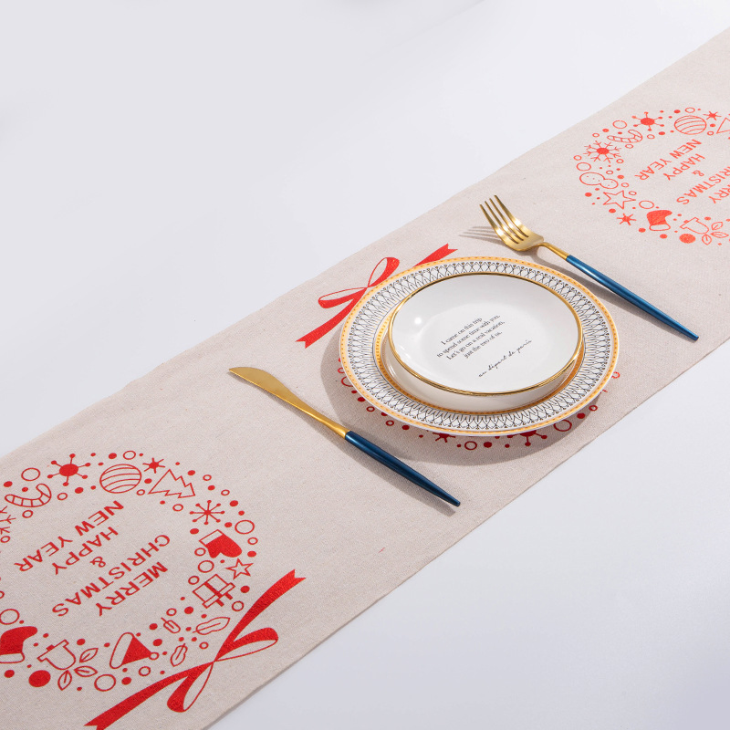 China Merry Xmas Indoor Christmas Ornaments Printed Christmas Tree Linen Polyester Home Decoration Fabric Rolls Table Cover Decorative Cloth Table Runner