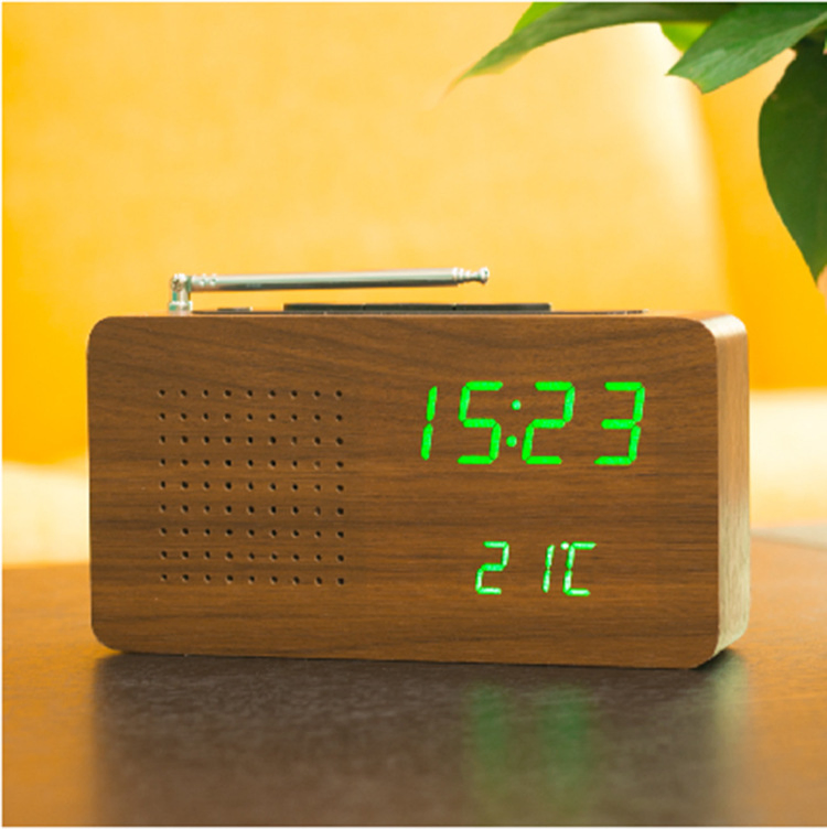 Ретро деревянный LED FM радио-часы с термометром