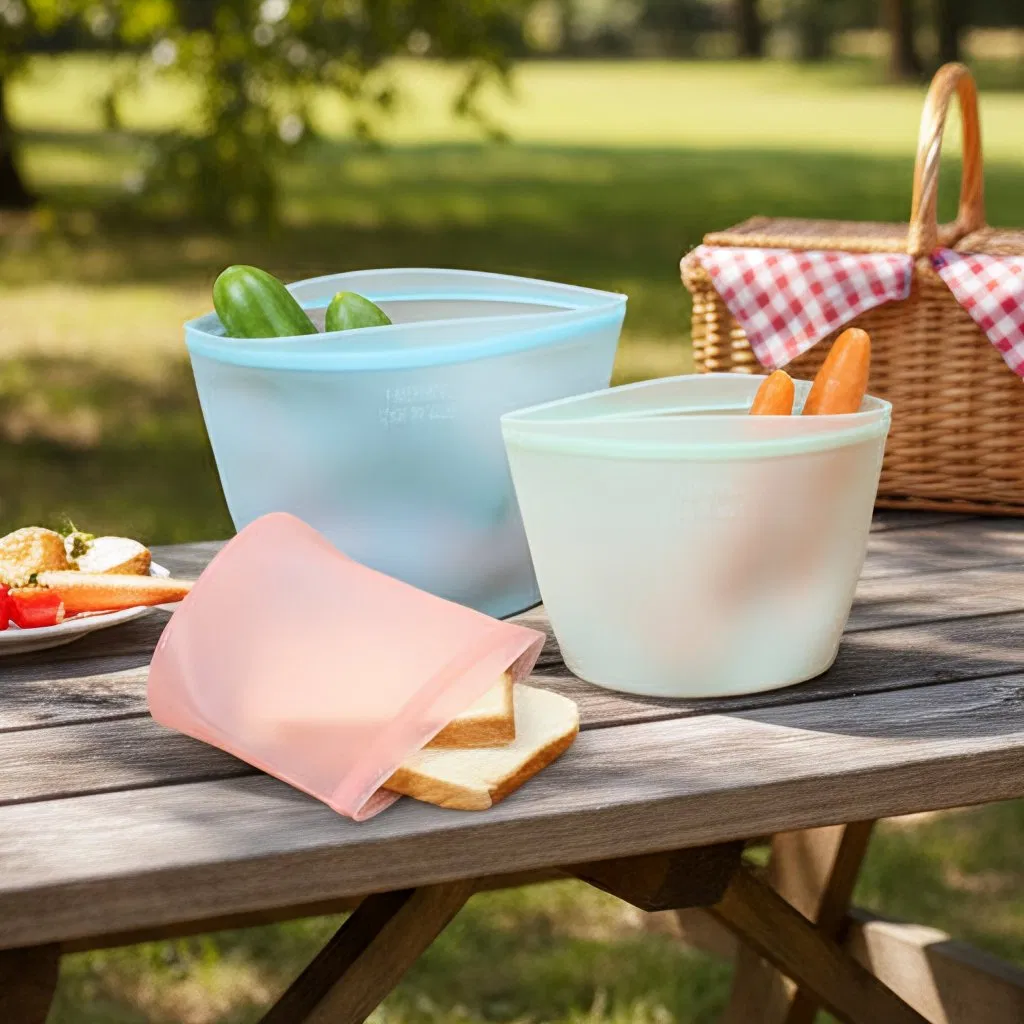 Popular Custom Print Logo Food Grade Kitchen Picnic Reusable Foldable Leakproof Stand up Packing Silicone Bag