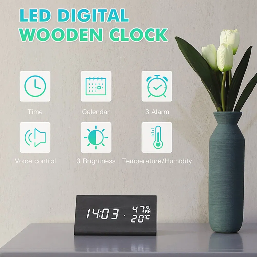 Humidity LED Calendar Alarm Clock Wood Decorative Table Triangle Clock