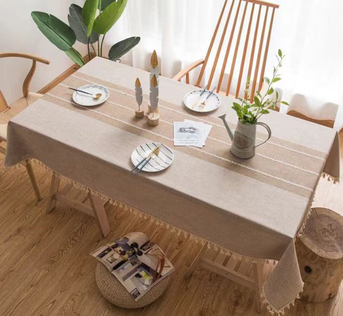 Stripes Jacquard Polyester Table Runner with POM POM Trims for Home Hotel