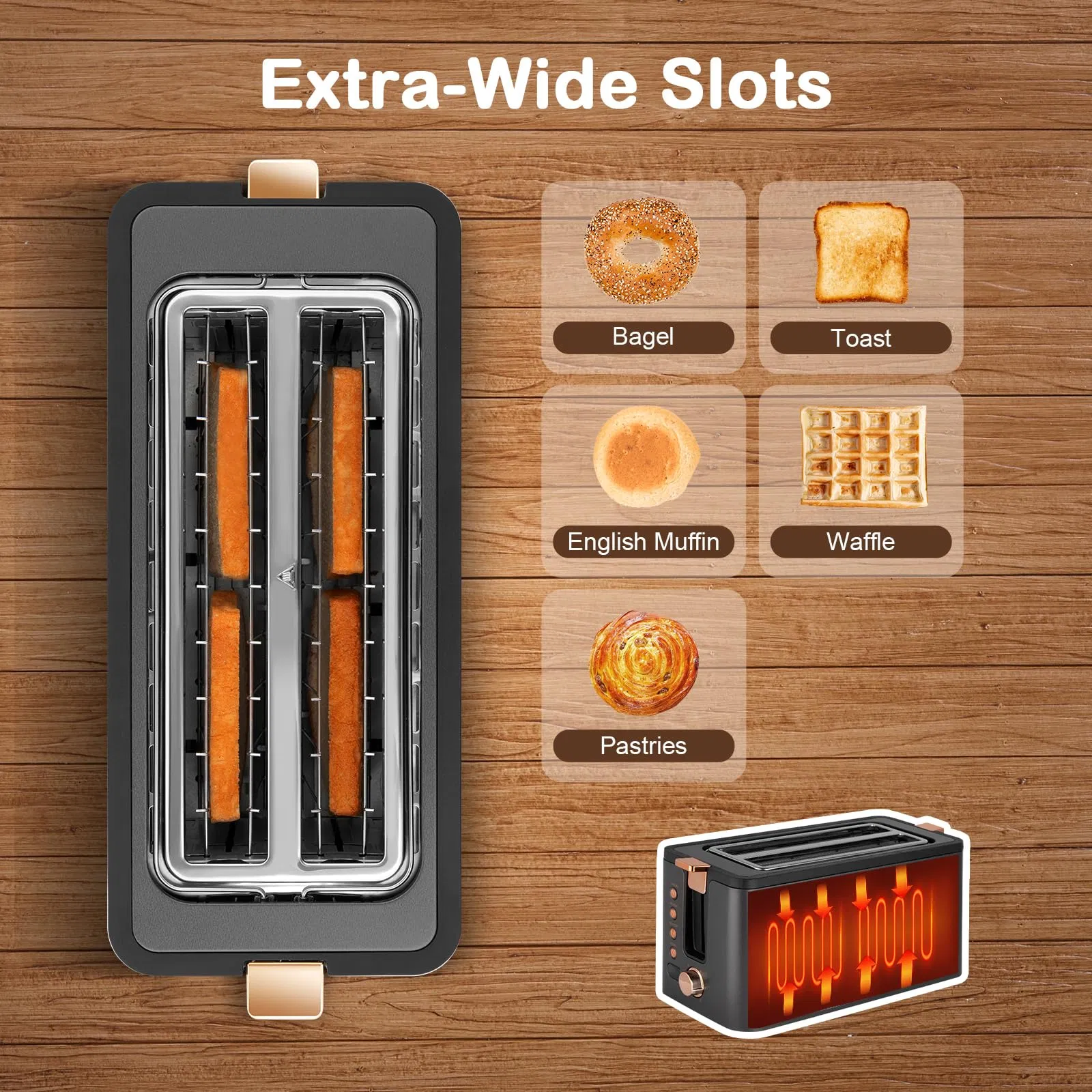 Hot Sale 6 Browning Settings Warming Rack Long Slot 4 Slice Toaster