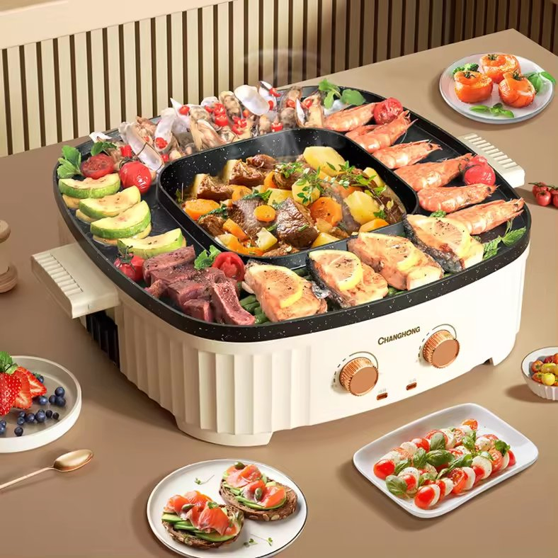 Smokeless Electric BBQ Grill with Hot Pot 2in1 Plate Korean BBQ Grill Plate