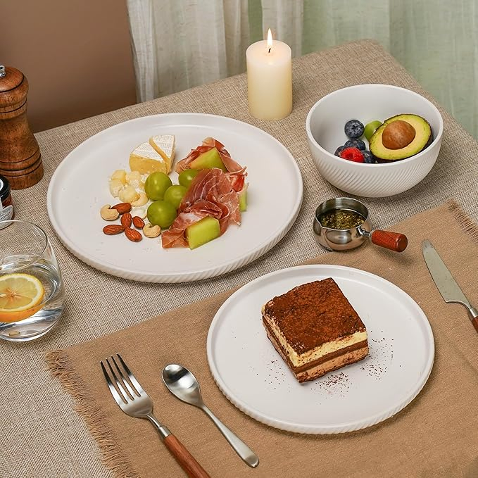 White Ceramic Dishware Plate Bowls Set Ribbed Snowcrest White Plates Bowls Sets Bulk Dinner Plates Set Restaurant Hotel White Porcelain Flat Dish Plates