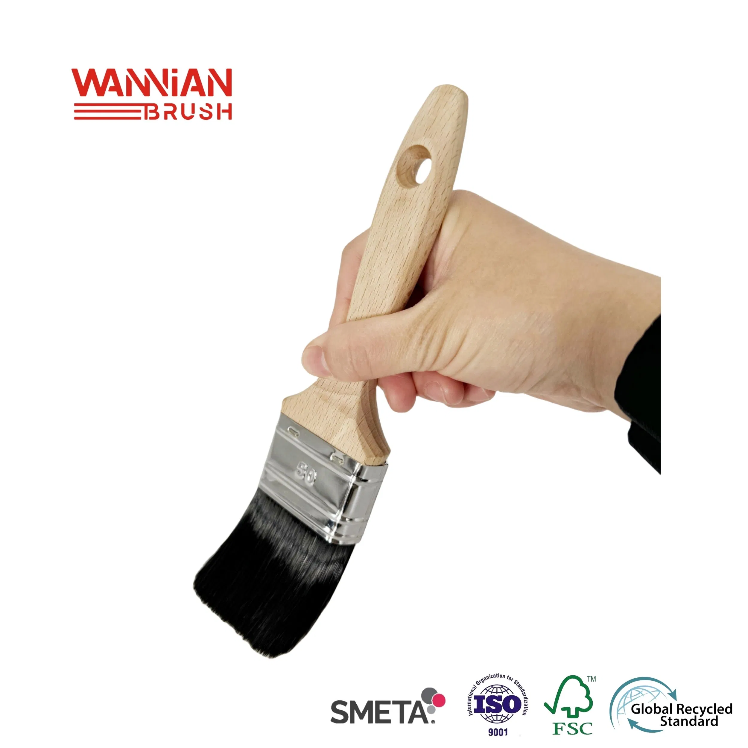 50mm High Quality Beech Wood Handle Stainless Ferrule Tapered Filament Flat Brush Paint Brush