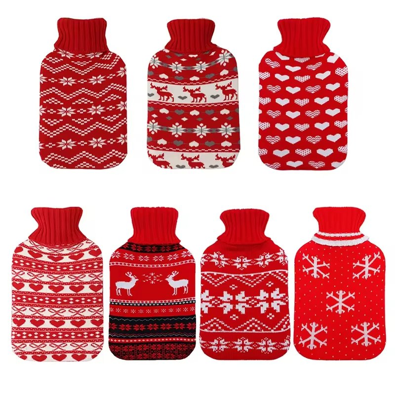 Wholesale Custom 100% Polyester Warm Red Christmas Elk Jacquard Knitted Embroidery Hot Water Bottle Cover