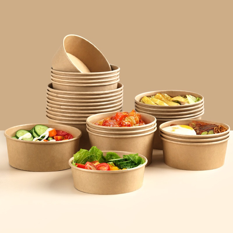 Biodegradable Hot Sale Disposable Kraft Paper Packaging Box Round Paper Bowl Thickened Takeaway Fast Food Box Fruit Salad Bowl Picnic Bowl with Transparent Lid