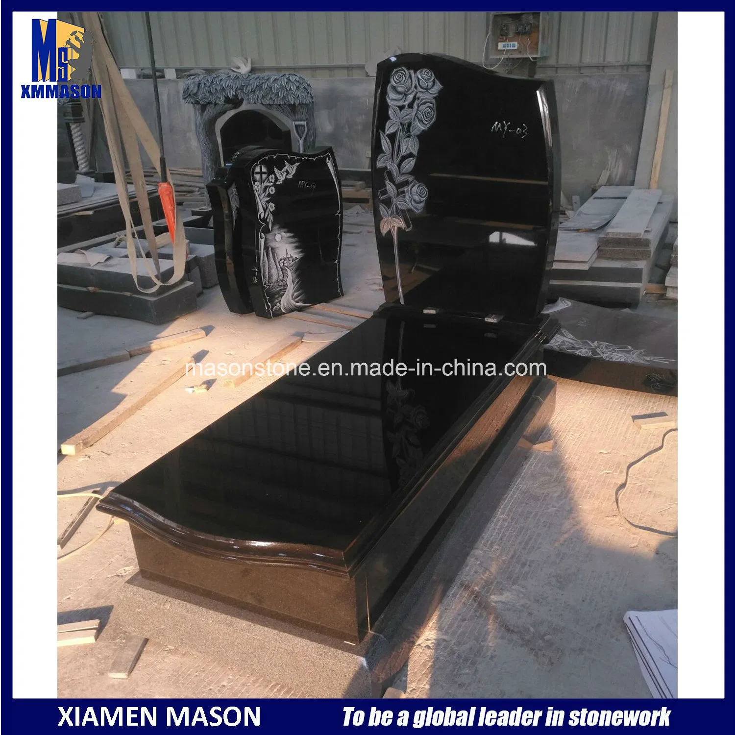 Absolutly Black Granite Tombstone with Roses Carved Headstone