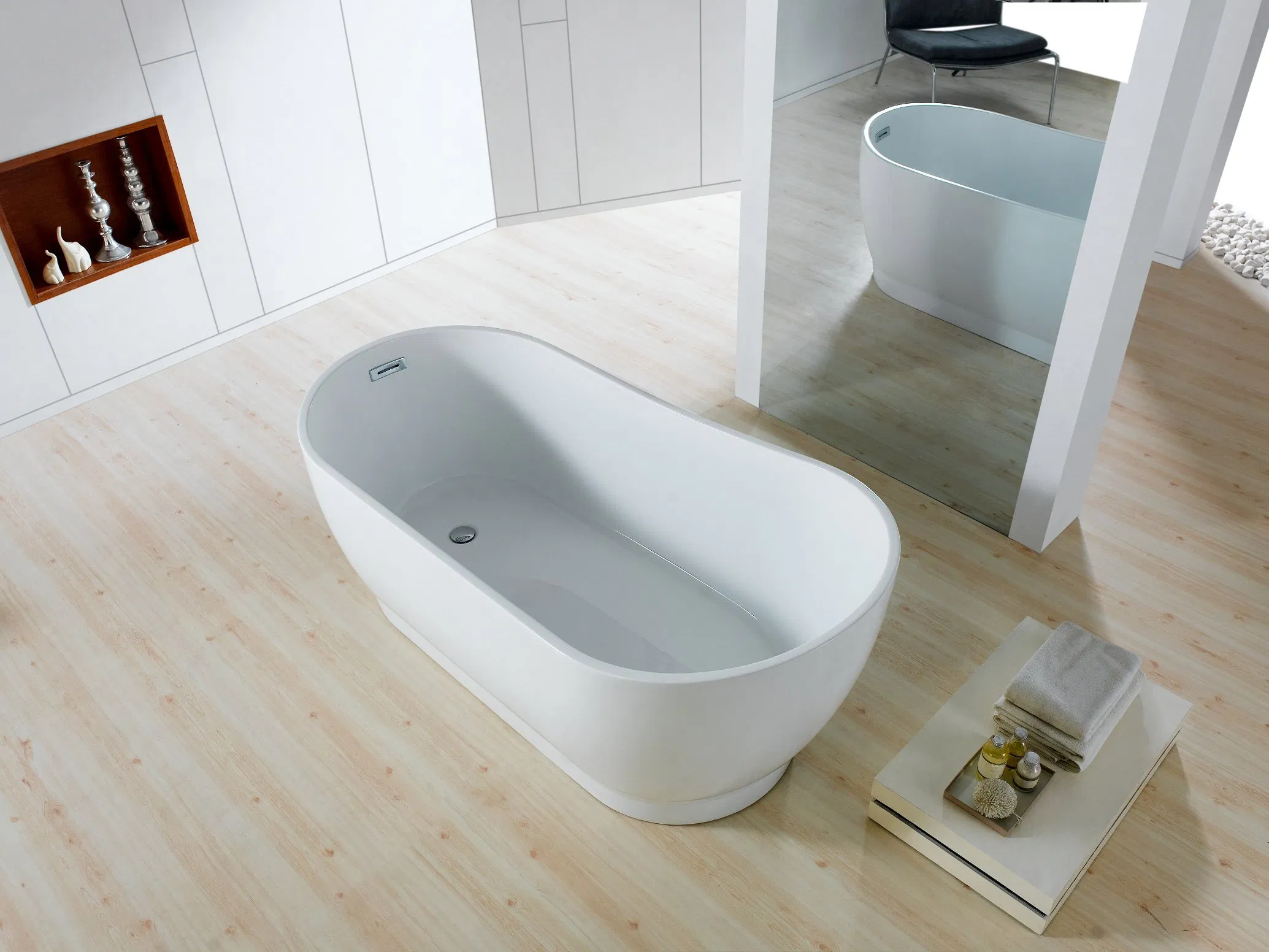 Morden Slipper Freestanding Acrylic Bathtub with Brushed Nickel, Brushed Gold Floor Mounted H59 Brass Tap Mixer