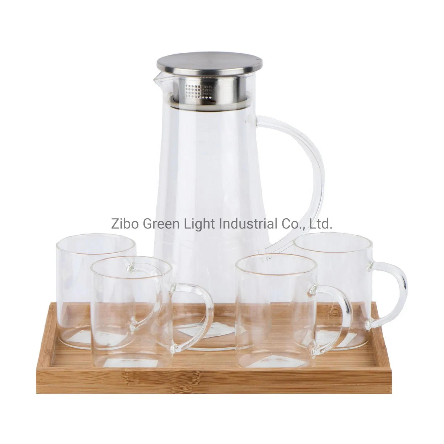 1.5L High Borosilicate Glass Water Pitcher and Cups with Stainless Steel Lid and Wooden Tray