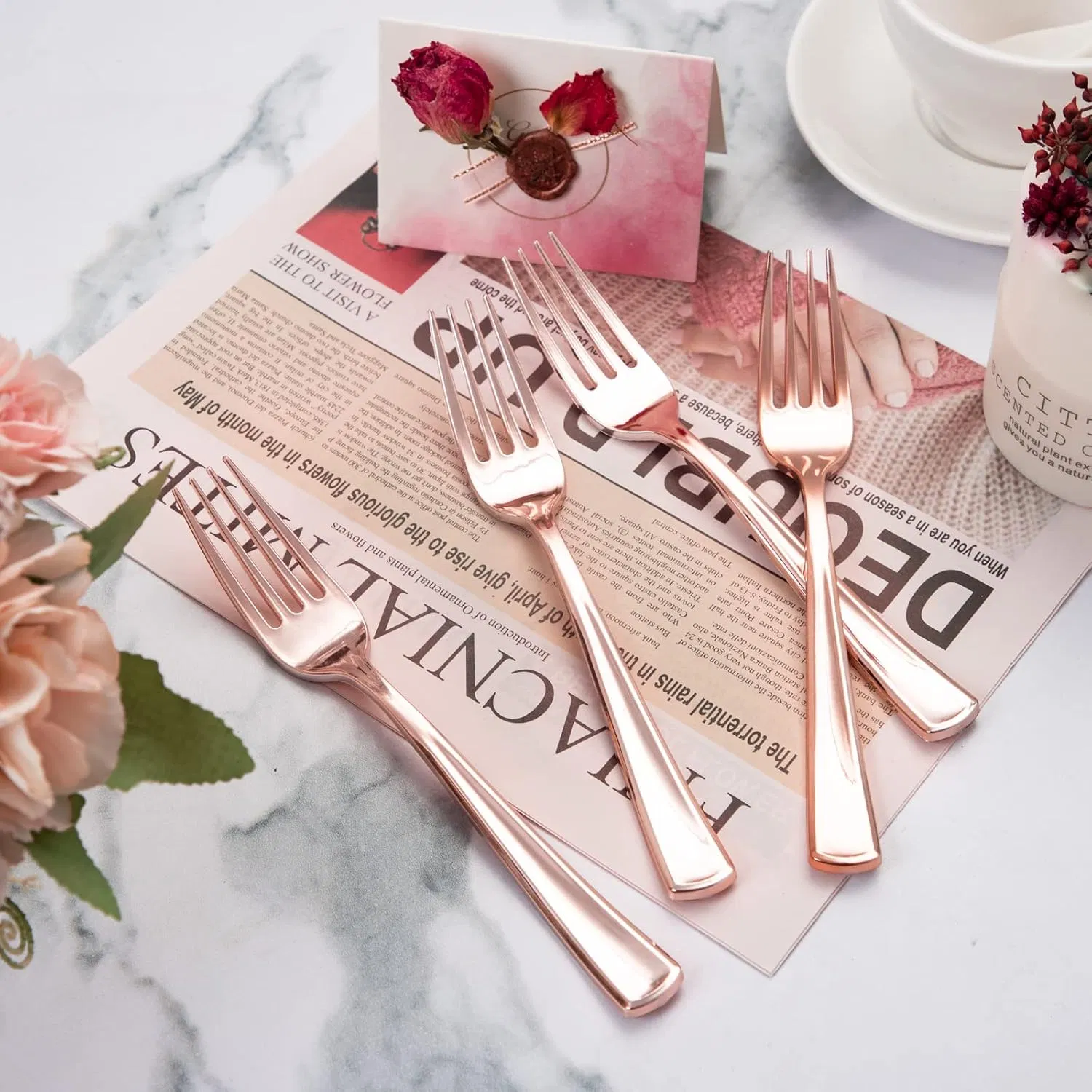 Rose Gold Disposable Forks 7.4 Inch Heavy Duty Plastic Rose Gold Silverware for Catering, Parties, Dinners, Weddings & Mother's Day