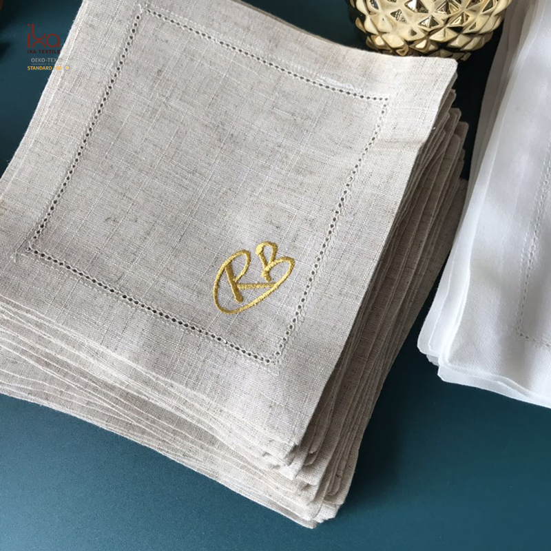 Party Restaurant Table Decorative Color Personalized Custom Wholesale Hemstitch White Embroidered Pure Linen Square Cocktail Napkins with Logo
